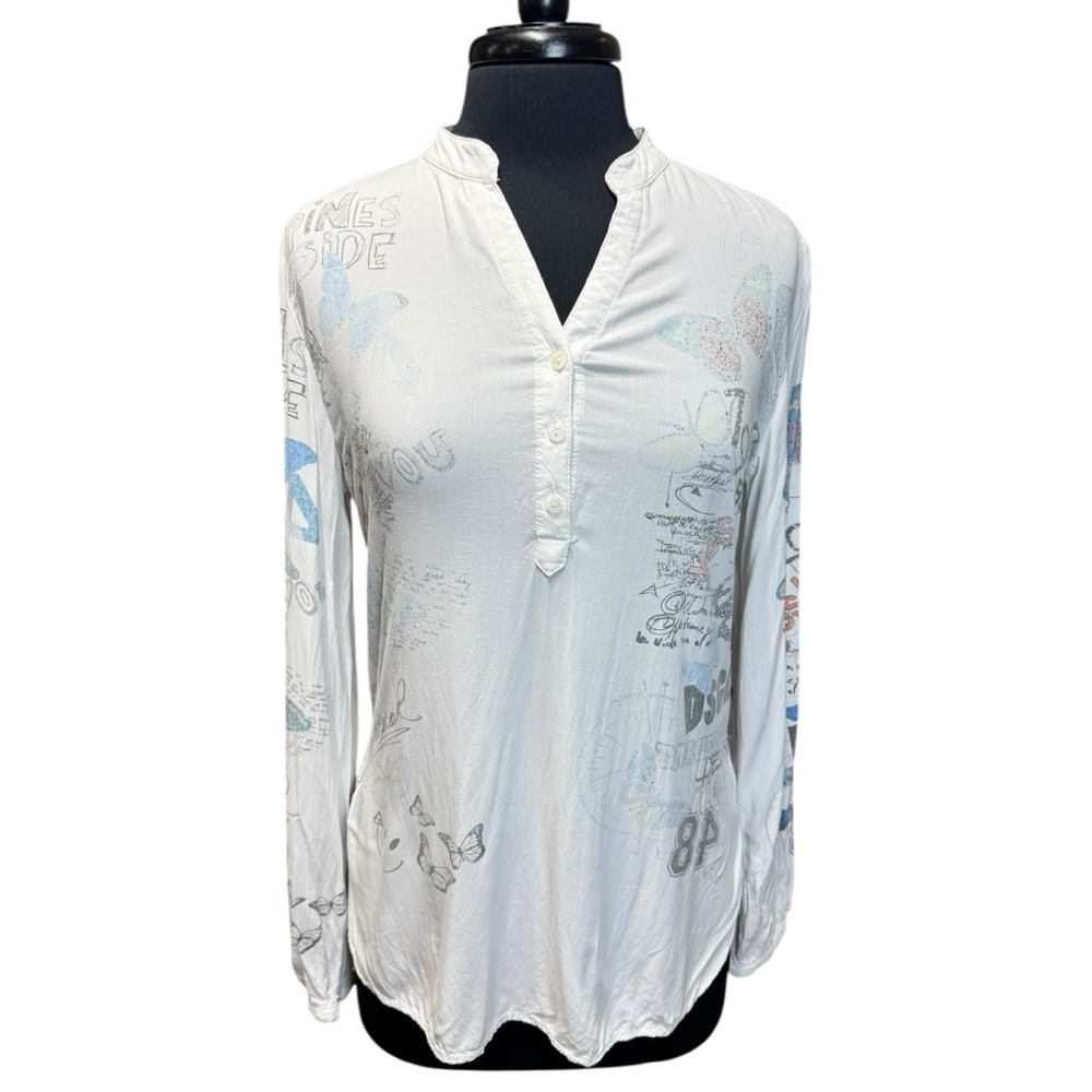 Desigual White Graphic Lightweight Long Sleeve Tunic Top Size XS